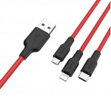 HOCO SILICON CABLE LIGHTNING+MICRO+TYPE-C 120CM X21 (BLACK&RED)